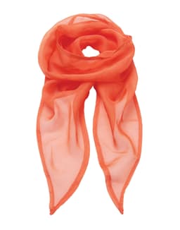 An orange chiffon scarf displayed in a loop, featuring a lightweight and sheer design.