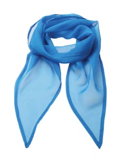 A lightweight blue chiffon scarf with a sleek design and pointed ends. It features a logo discreetly.