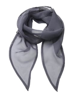 A grey chiffon scarf with a lightweight, sheer design, featuring pointed ends. It has a minimalist appearance.