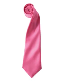 A pink satin tie rolled into a spiral shape, showcasing its smooth texture and vibrant colour. It features a logo.