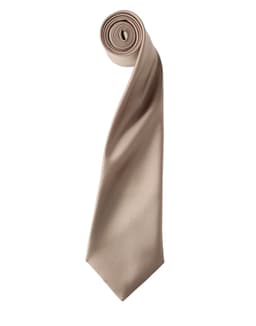 A rolled satin tie in a soft beige colour with a subtle sheen, featuring a logo.