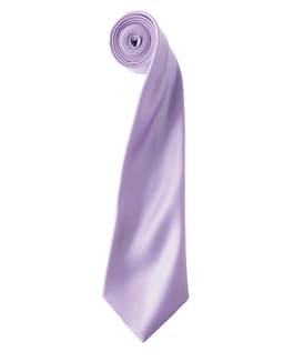 A lilac satin tie neatly rolled, featuring a smooth finish and a pointed tip, with a logo visible.