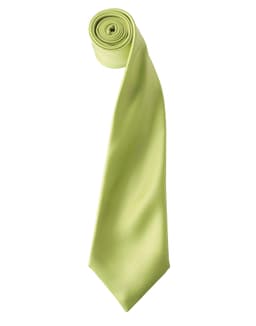 A pale green satin tie, neatly rolled, featuring a smooth, shiny finish and a branding logo.