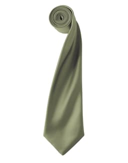 A rolled olive green satin tie with a smooth finish. The tie displays a simple design and has a logo.