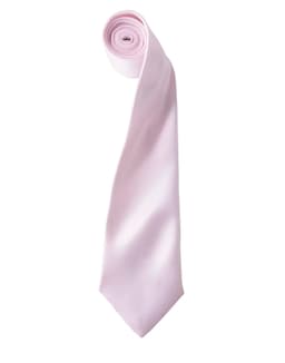 A pink satin tie rolled neatly, featuring a smooth texture and tapered end. It has a logo on the tag.