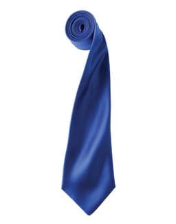A blue satin tie in a rolled position, featuring a smooth, shiny finish and a pointed tip.