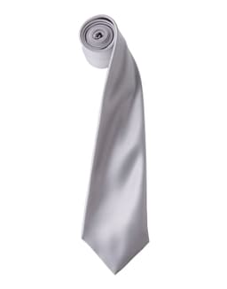 A satin tie in light grey, rolled and displayed vertically with a smooth finish. Features a logo.
