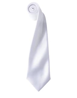 A white satin tie neatly rolled, featuring a smooth texture and a tapered end. Includes a logo.