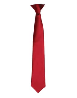 A red satin clip tie featuring a sleek design and a branding logo.
