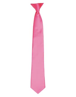 A pink satin clip tie with a smooth finish and a narrow design. It features a logo at the base.