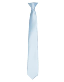 A light blue satin clip tie with a sleek finish, featuring a simple design and a hidden logo.