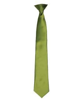 A green satin clip tie displayed against a white background, featuring a smooth, glossy finish and a classic design.