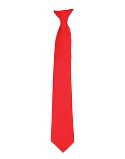 A vibrant red satin clip tie with a sleek design and a logo. Ideal for formal or festive occasions.