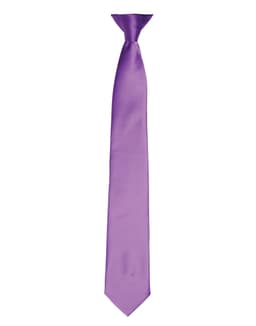 A purple satin clip tie with a smooth finish and a narrow design. It features a logo.