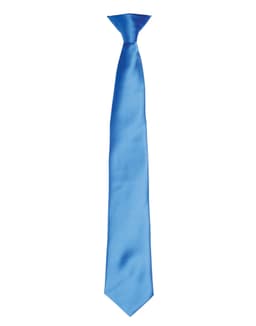 A blue satin clip tie with a smooth finish and a pointed end. It features a logo on the attachment.