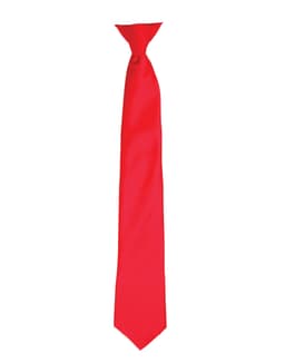 A red satin clip tie, featuring a smooth finish and a slim design, with a logo at the top.