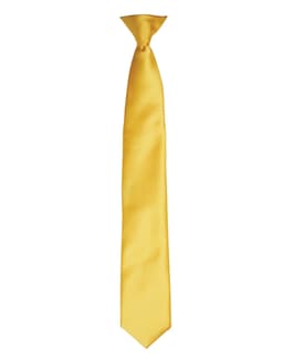 A yellow satin clip tie, featuring a smooth finish and a sleek design, hanging vertically. It includes a logo.