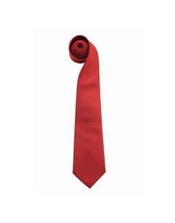 A red tie rolled neatly, featuring a solid colour design and a branding logo.