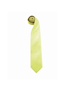 A rolled light yellow tie with a smooth finish, featuring a logo. Ideal for formal occasions.