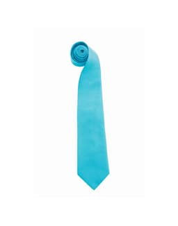 A rolled turquoise tie with a smooth finish; it features a branding logo.