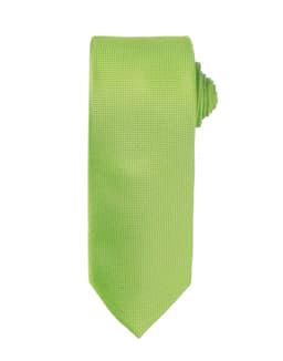 A green micro waffle tie with a textured pattern, featuring a branding logo.