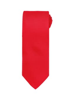 A bright red micro waffle tie featuring a textured pattern and a branding logo.
