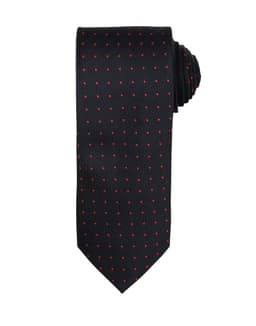 A black tie featuring a micro dot pattern in red, neatly rolled at the top. It has a logo on its surface.