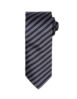 A dark blue tie featuring alternating light blue and silver stripes, finished with a neatly rolled knot.