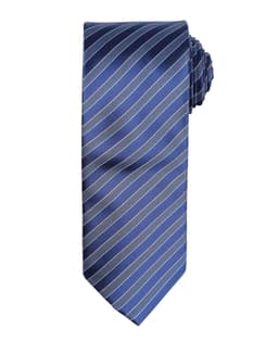 A blue tie featuring alternating dark and light stripes, with a classic design. It has a rolled end and a logo.