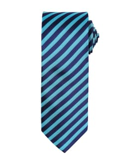 A double stripe tie featuring navy blue and turquoise stripes, with a smooth finish and a rolled tie end.