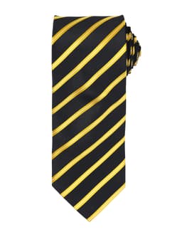 A black tie with bold yellow stripes, featuring a rolled design at the top and a logo.
