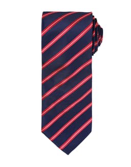 A navy blue tie with red diagonal stripes and a logo on the side, showcasing a stylish, classic design.