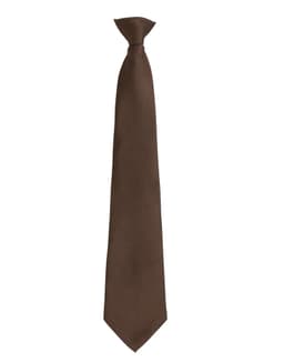 A brown fashion clip tie with a smooth finish, featuring a simple design and a logo at the base.
