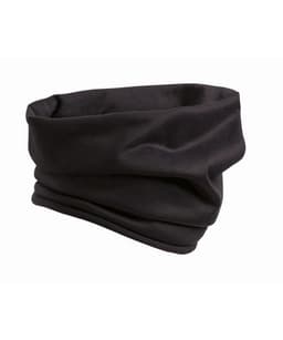 A black snood face covering with a soft, stretchy fabric and a loose design. Features a simple logo.