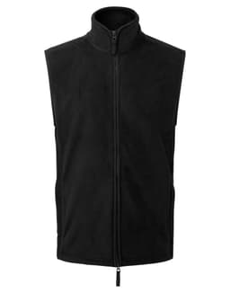 A black fleece vest with a high collar and a front zipper, featuring a logo on the side.