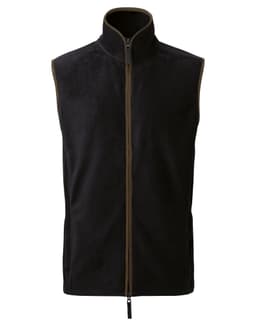 A black fleece vest featuring a zip front and high collar, designed for warmth and comfort. It has a logo on it.
