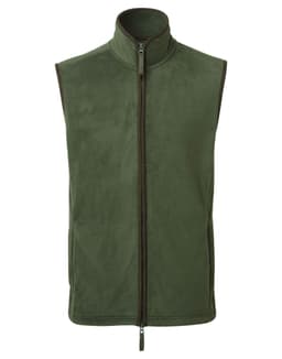 A green fleece vest with a high collar and a front zip, featuring a trim design.