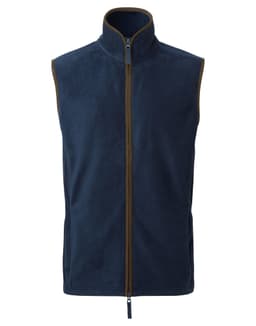 A navy blue fleece vest featuring a high collar and a full front zipper, with contrasting trim.
