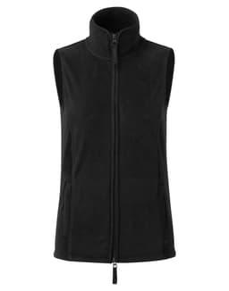 A black women's artisan fleece vest with a high collar and zippered front, featuring side pockets and branding.