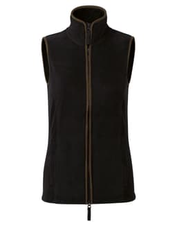 A women's artisan fleece vest in black, featuring a zip front and no sleeves, with a contrasting trim and pockets.
