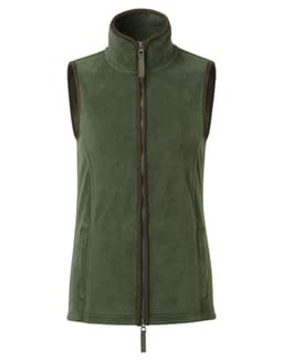 A women's artisan fleece vest in green with a high collar and front zip, featuring side pockets and a logo.