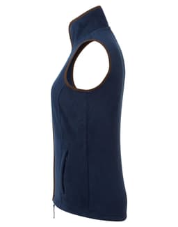 A women's artisan fleece vest in navy blue with a sleeveless design and contrasting trim. Features two side pockets and a logo.