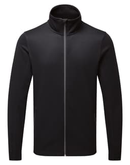 A black sustainable zip sweatshirt with a high collar and side pockets, featuring a small logo.