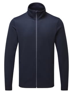 A navy blue sustainable zip sweatshirt with a high collar and side pockets. It features a logo.