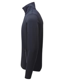 A men's sustainable zip sweatshirt in navy, featuring a high collar and a side zip pocket.