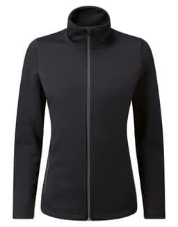 A black women's sustainable zip sweatshirt with a high collar and zip-up front. It features a branding logo.