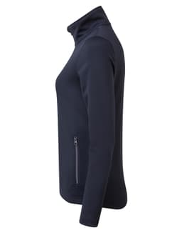 A navy women's sustainable zip sweatshirt with a high collar and side pocket, featuring a branding logo.