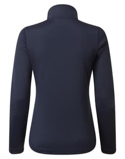 A navy women's sustainable zip sweatshirt with a high collar and long sleeves, featuring a logo on the back.