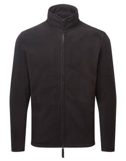 A black polar fleece jacket with a zip front and high collar. Features a logo on the chest.
