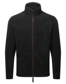A black polar fleece jacket with a high collar and a front zip, featuring a contrasting zip detail.